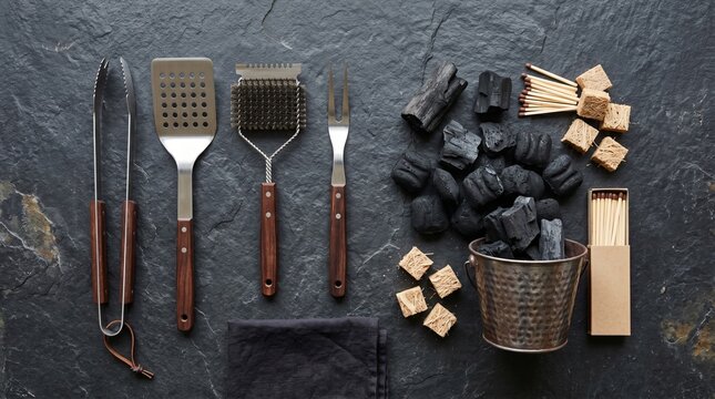 Barbecue grilling tools and charcoal briquettes on dark stone background