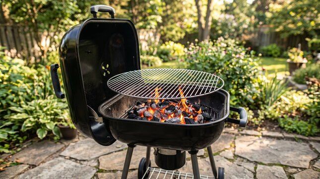 Charcoal grill with burning coals in a lush backyard garden setting