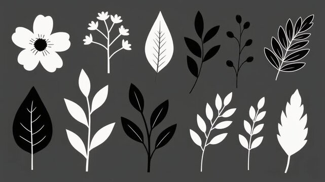 Botanical leaves and flower elements set for motion graphic design animation featuring flat black and white silhouettes on gray background