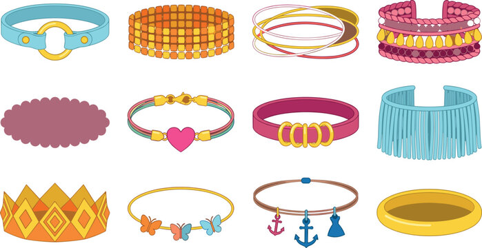 Fashion Bracelets and Wrist Jewelry Vector Icon Set with Cute Charms, Beads, Bangles, and Crown Accessories for Girls Design, Fashion, and Digital Merchandising