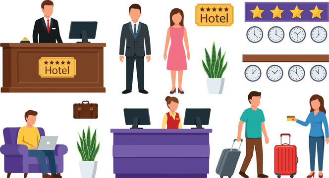 Hotel Reception and Guest Check In Vector Icon Set with Receptionists, Travelers, Luggage Suitcases, World Time Clocks, and Rating Stars for Tourism Graphic Designs