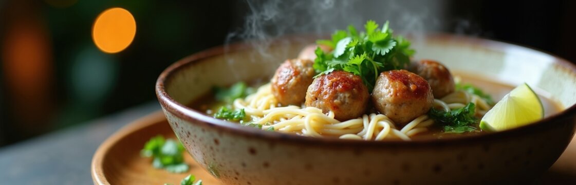 Steaming bowl of bakso noodles with meatballs and fresh herbs. Savoury soup served with lime wedge offers warm comfort. Asian street food presentation.