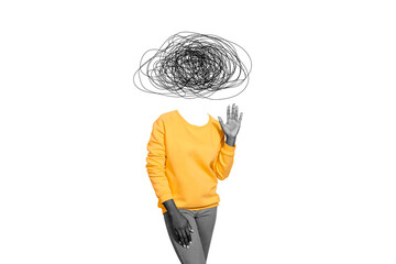 Composite trend artwork 3D sketch photo collage of headless incognito person mess stress line body stand gesture hi waving friendly woman © deagreez