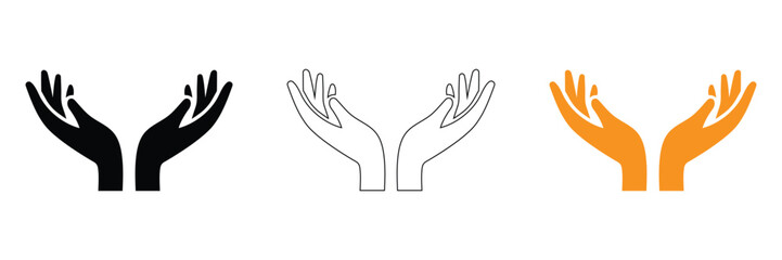 Fototapeta premium Three vector hand icons in black, Line art, And orange on white background for support and protection concepts