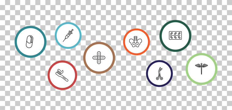 outline medical icons set - syringe with medicine, cure, medical pill, tooth brush. editable vector for web and mobile ui