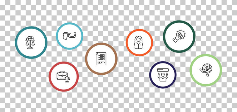 outline law and justice icons set - electroshock weapon, violence, international law, employment law. editable vector for web and mobile ui