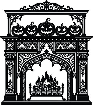 Halloween fireplace decor with carved jack o lanterns and ornate architectural details for spooky seasonal ambiance