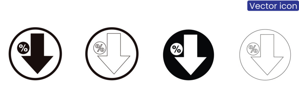 Vector icons set of four discount percentage signs with downward arrows on white background, suitable for business and finance concepts