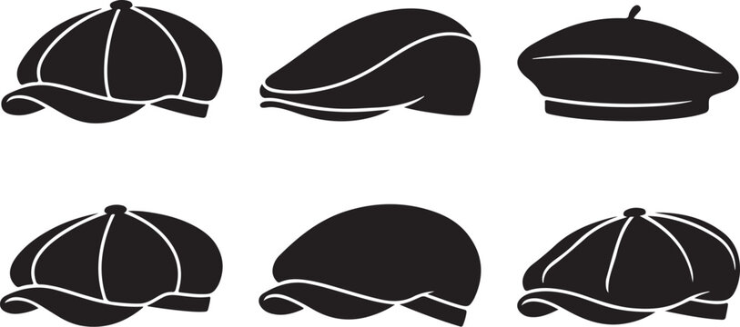 Black caps, flat caps, hat silhouettes, six icons, vector graphics