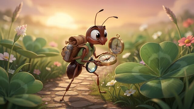 Cartoon ant explorer holding compass and magnifying glass, walking on a stone path through a vibrant green meadow with flowers at sunset, illustrating adventure and discovery.