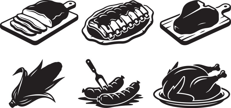 Black and white, roasted turkey, chicken, ham illustrations, 6 pcs, food icons, vector set
