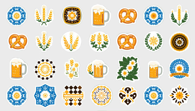 A collection of various Oktoberfest-themed icons including beer mugs, pretzels, wheat stalks, Bavarian patterns, and floral designs, set against a light background.