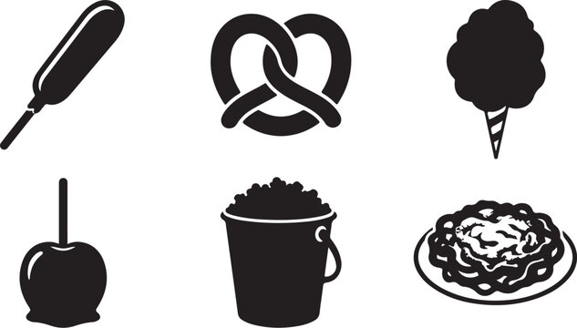 Black food icons, carnival treats, sweet symbols, vector graphics