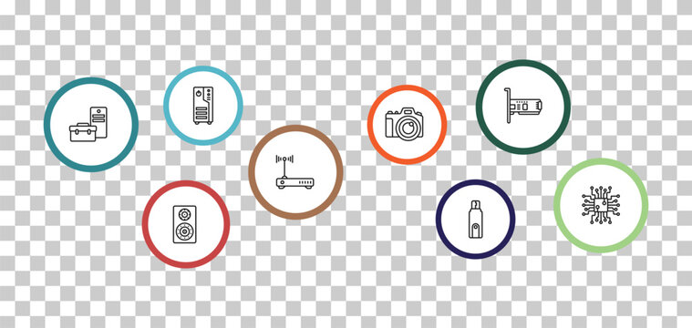 outline hardware icons set - computer case, network interface card, device manager, loudspeakers. editable vector for web and mobile ui