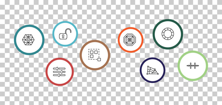 outline geometry icons set - unlock, circular, polygonal ornament, adjust. editable vector for web and mobile ui