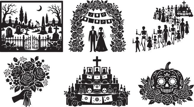 Halloween wedding icons, black vector graphics, spooky celebration elements, 6 illustrations