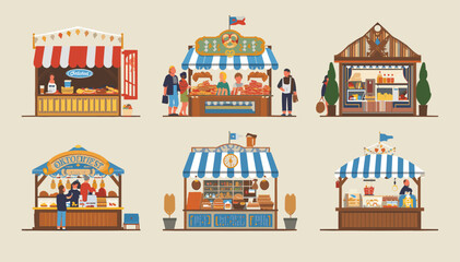Six colorful market stalls and food stands with vendors and customers, depicting a vibrant outdoor fair or street market scene. © Nak