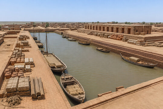 Elevated Perspective of the Ancient Brick Dockyard at Lothal - Harappan Port Infrastructure and Maritime Commerce Reconstruction