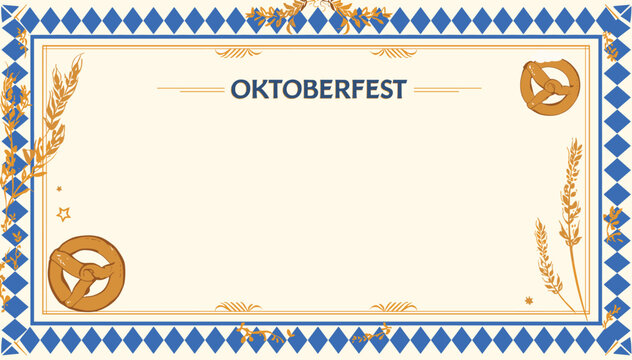 A decorative Oktoberfest invitation or banner featuring pretzels and wheat stalks on a cream background with a blue diamond border.