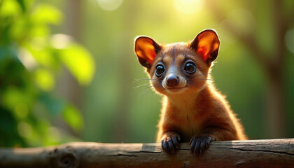 Obraz premium Small curious mammal with big eyes sits on tree branch. Golden sun rays illuminate fuzzy fur. Creature looks toward viewer in lush green forest environment. Cute wild animal in natural habitat.