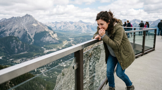 Woman experiencing acrophobia feeling intense fear of heights at mountain summit observation deck