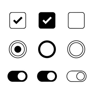 Minimalist user interface icons showing filtering and selection options with checkboxes, radio buttons, and toggle switches, isolated on white. UI UX design concept