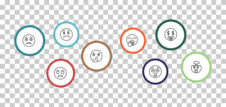 outline emoji icons set - nauseated emoji, rich emoji, scared yelling editable vector for web and mobile ui