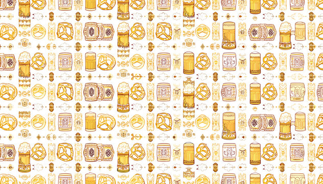 Seamless hand-drawn pattern featuring traditional German Oktoberfest elements like beer mugs, pretzels, and wooden barrels on a white background.