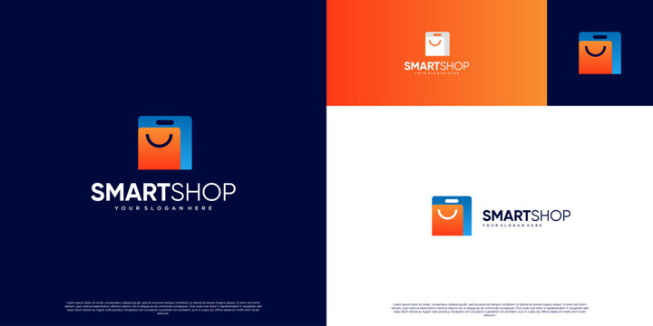 Minimalist shopping bag logo with abstract cellphone screen, software, application, digital technology, vector illustration graphic.