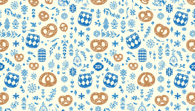 Seamless pattern with traditional Bavarian elements like pretzels, beer steins, and folk art motifs in blue and brown.