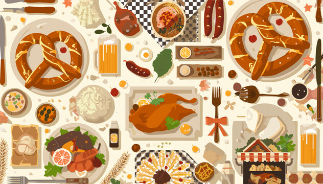 A bountiful spread of German-inspired food, including roasted duck, pretzels, sausages, and various side dishes, set against a festive backdrop.