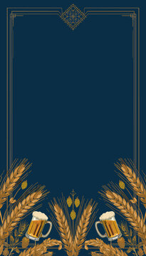 Elegant blue banner design featuring golden wheat, hops, and two frothy beer mugs, framed with art deco style borders, perfect for a brewery event or Oktoberfest celebration.