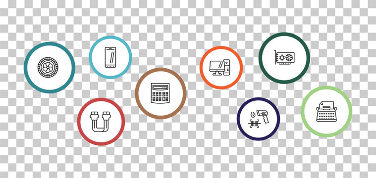 outline electronic devices icons set - phones, sound card, turbine, sata. editable vector for web and mobile ui