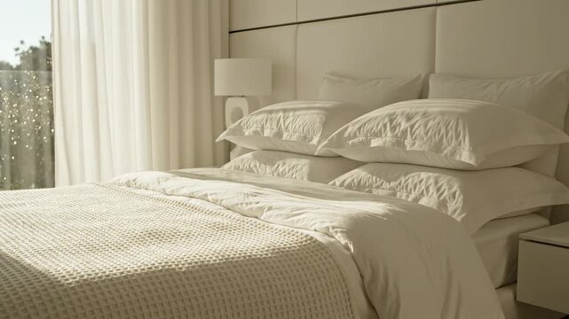 A serene bedroom scene features a neatly made bed with white linens and a comfortable headboard, bathed in soft natural light