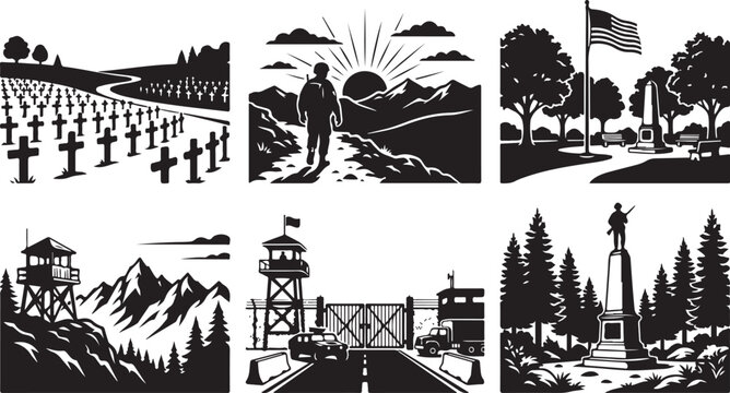 Patriotic, military, memorial, vector icons, 6 pcs, black and white, silhouette style