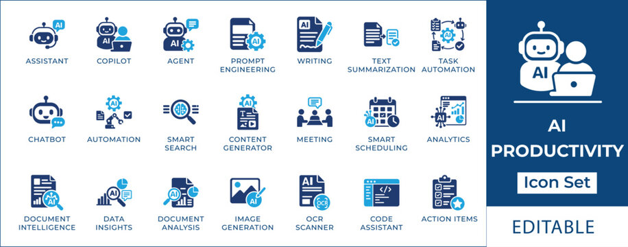 AI productivity icon set featuring artificial intelligence chatbot assistant, automated workflow, machine learning code generation, ocr document scanning, and tech analytics symbols.