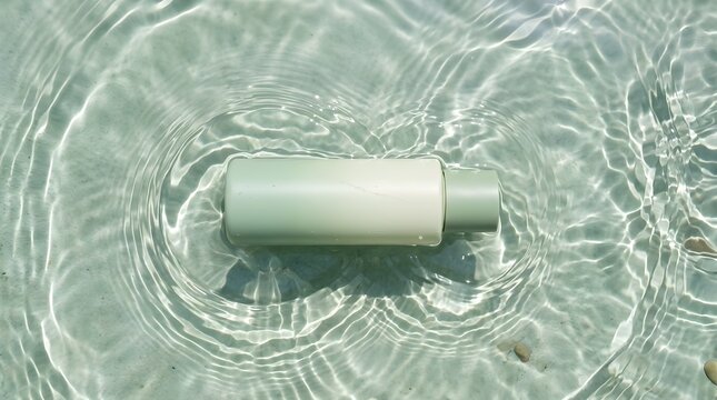 Green Cosmetic Bottle Mockup Floating in Rippling Water