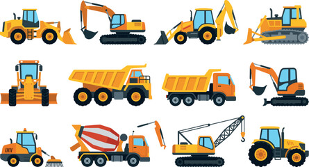 Yellow Construction Vehicles Vector Icon Set Featuring Excavators Bulldozers Dump Trucks Cement Mixers Cranes and Tractors for Heavy Machinery Graphic Designs © Rifat
