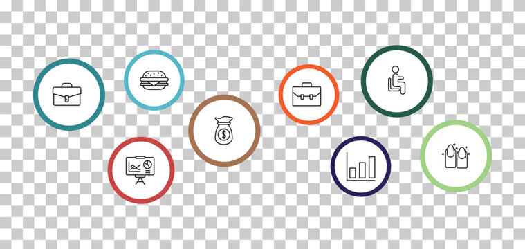 outline business icons set - basic burger, sitting, business briefcase, statistics presentation. editable vector for web and mobile ui