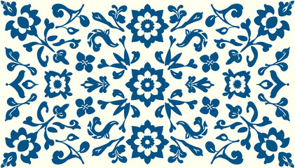 Intricate blue floral and scroll pattern on a light background, symmetrical decorative design with traditional motifs. © Nak