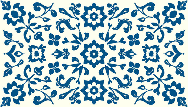 Intricate blue floral and scroll pattern on a light background, symmetrical decorative design with traditional motifs.