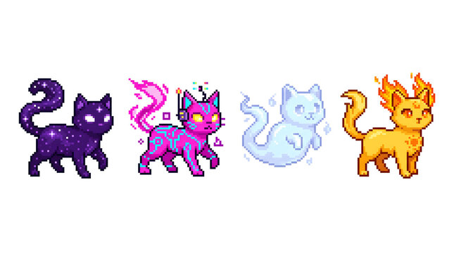 Retro 16-bit pixel art sprite sheet grid featuring eight diverse cute minimalist chibi cat characters, isolated on white background