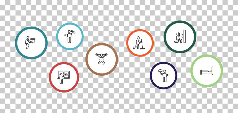outline behavior icons set - man fitness, man welding, stick man with box, window cleaning. editable vector for web and mobile ui