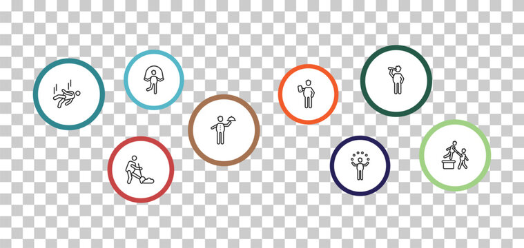 outline behavior icons set - rope jumping, man drinking, man falling, man digging. editable vector for web and mobile ui