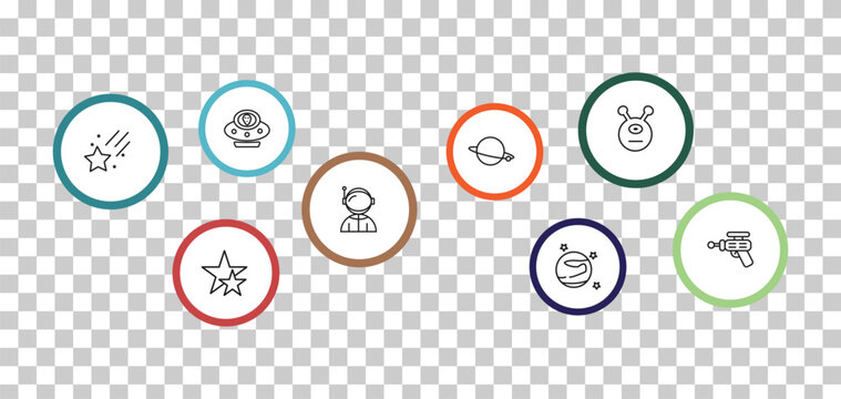 outline astronomy icons set - alien with aqualung, alien, falling star, double star. editable vector for web and mobile ui