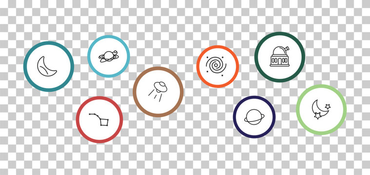 outline astronomy icons set - galaxy, planetarium, half moon, ursa major. editable vector for web and mobile ui