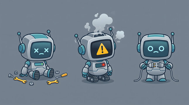 Cute chibi robot character expressions depicting technical system errors, warning signs, and broken components