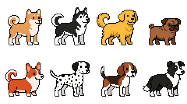 Retro 8-bit pixel art sprite sheet featuring eight cute minimalist dog breeds in a blocky grid layout, isolated on white background