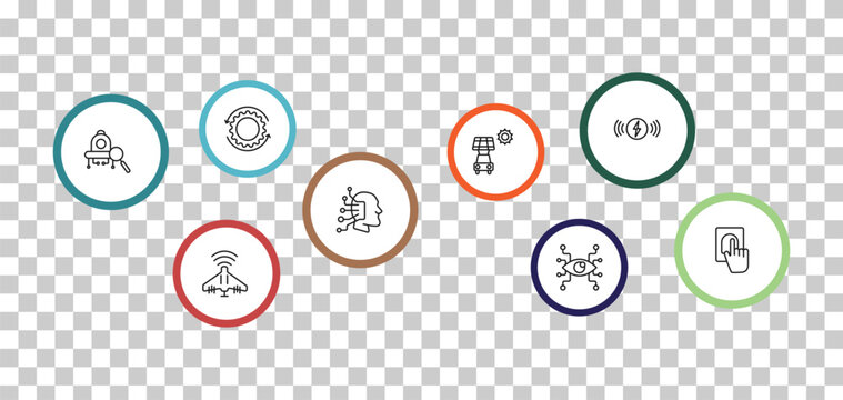 outline artificial intellegence icons set - processing, wireless charging, microbots, unmanned aerial vehicle. editable vector for web and mobile ui