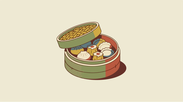 Illustrated bamboo steamer filled with various delicious Chinese dim sum dumplings.